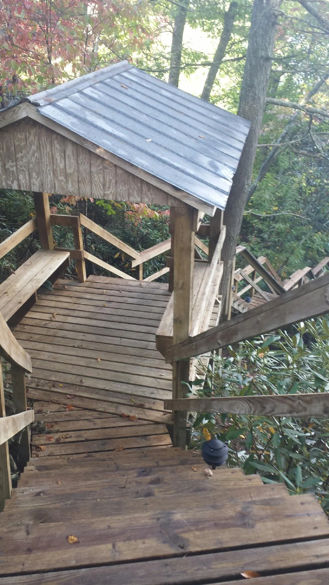 Metal roofed shelter over wooden steps on a wooded walkway — Skylight Repair & Installation work by our crew in Clarinda